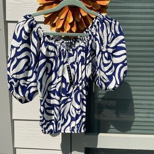 NWT Rachel Navy and White Puff-Sleeve Off-Shoulder Top Size XS